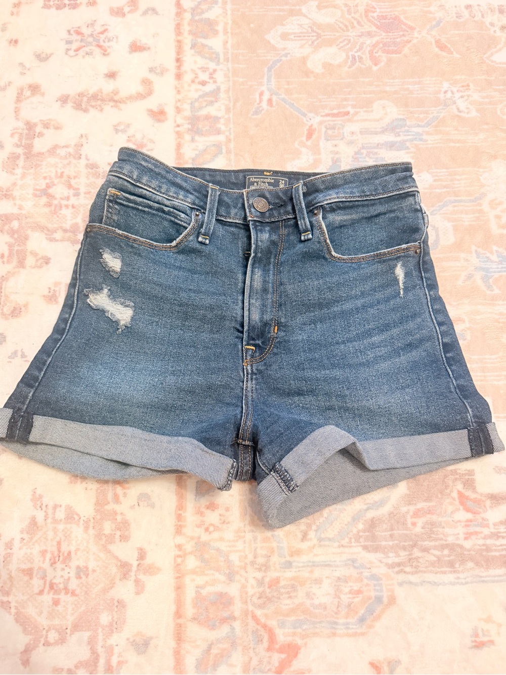 Abercrombie & Fitch Distressed Rolled Hem Denim Shorts - Blue